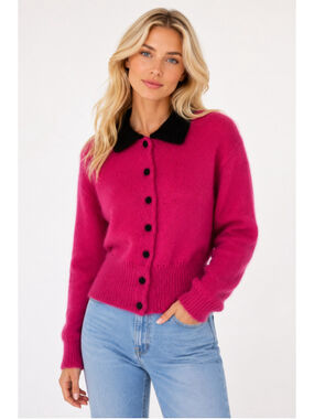 Vintage KENJI Mohair Cardigan Pink Black Collar Button Up 80s 90s Boho Preppy M